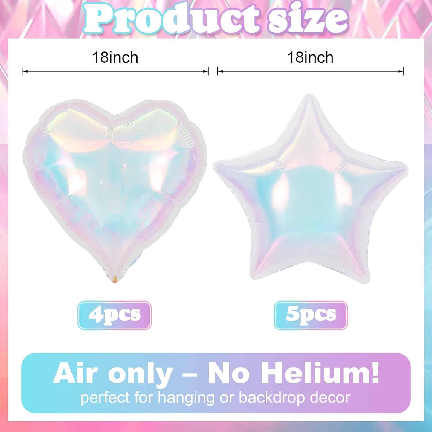 9Pcs Iridescent Foil Balloons, 18in Heart Star Iridescent Balloons Large Holographic Clear Foil Balloon for Birthday Baby Shower Mermaid Rainbow Bachelorette Wedding Party Decorations