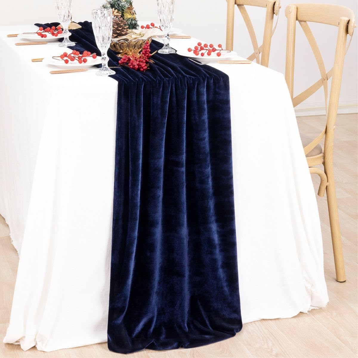 MLMC Navy Blue Velvet Table Runner 10ft Luxury Deep Blue Velvet Fall Table Runner 20x120 Inches for Wedding Reception Party Birthday Events Decor
