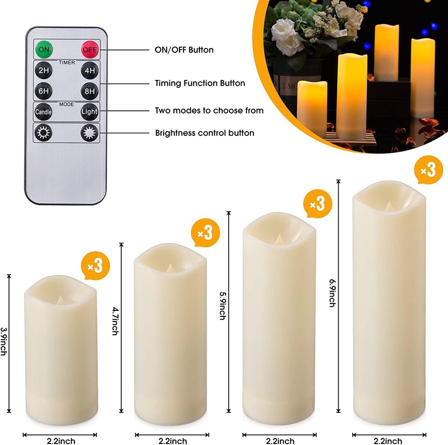 12 Pack Flameless Candles Battery Operated Waterproof Led Candles (D:2.2" X H:4" 5" 6" 7") Candles with 2 Remotes Contro for Wedding, Party, Birthday