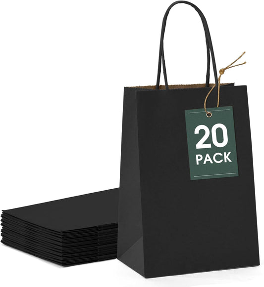GSSUSA Kraft Paper Gift Bags 5.25x3.75x8'' 20 Pcs, Black Paper Bags with Handles, Bulk Kraft Gift Bag for Shopping, Craft, Grocery, Party, Retail, Lunch, Business, Wedding, Merchandise, Boutique