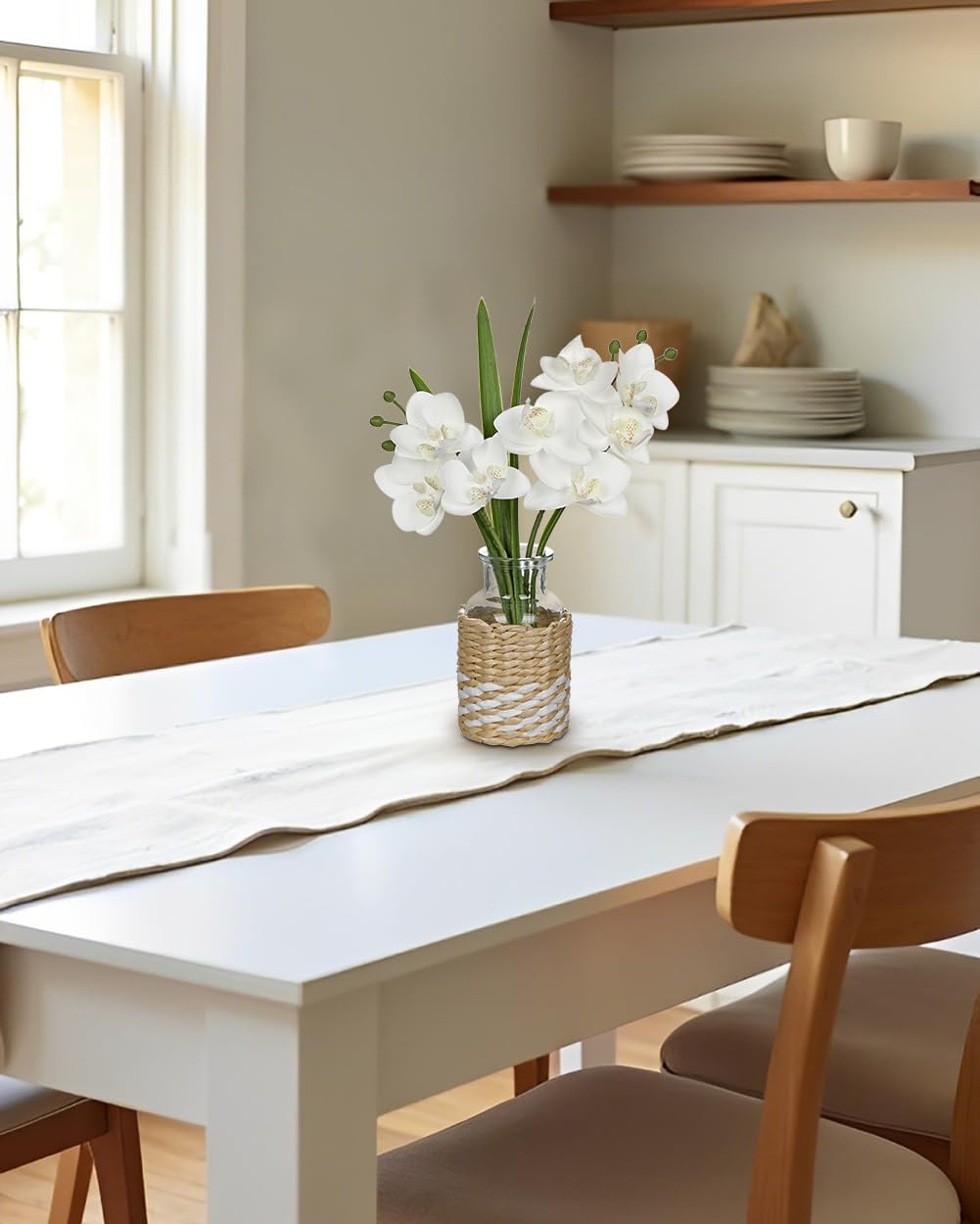 White Orchids Artificial Flowers with Vase, Small Faux Orchid Arrangement Fake Flower in Woven Glass Vase Small White Centerpieces for Kitchen Dining Room Tables Bathroom Nightstand Decor