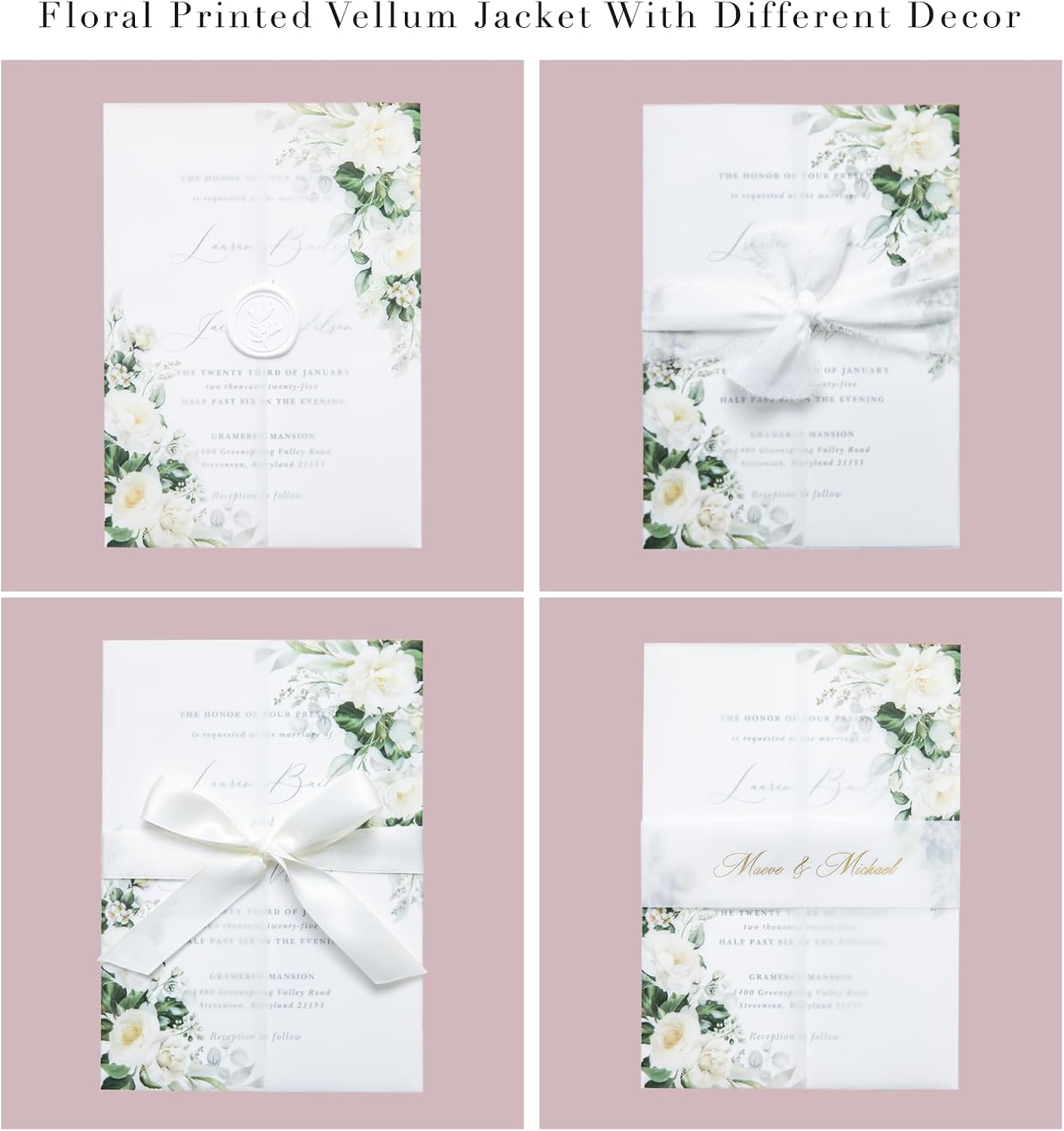PONATIA 50 PCS Vellum Jackets for 5x7 Invitations- 135gsm White Floral Printed Vellum Sleeves, Quinceanera Wedding Invitation Cards Wraps, Green Flower Transparent Jacket