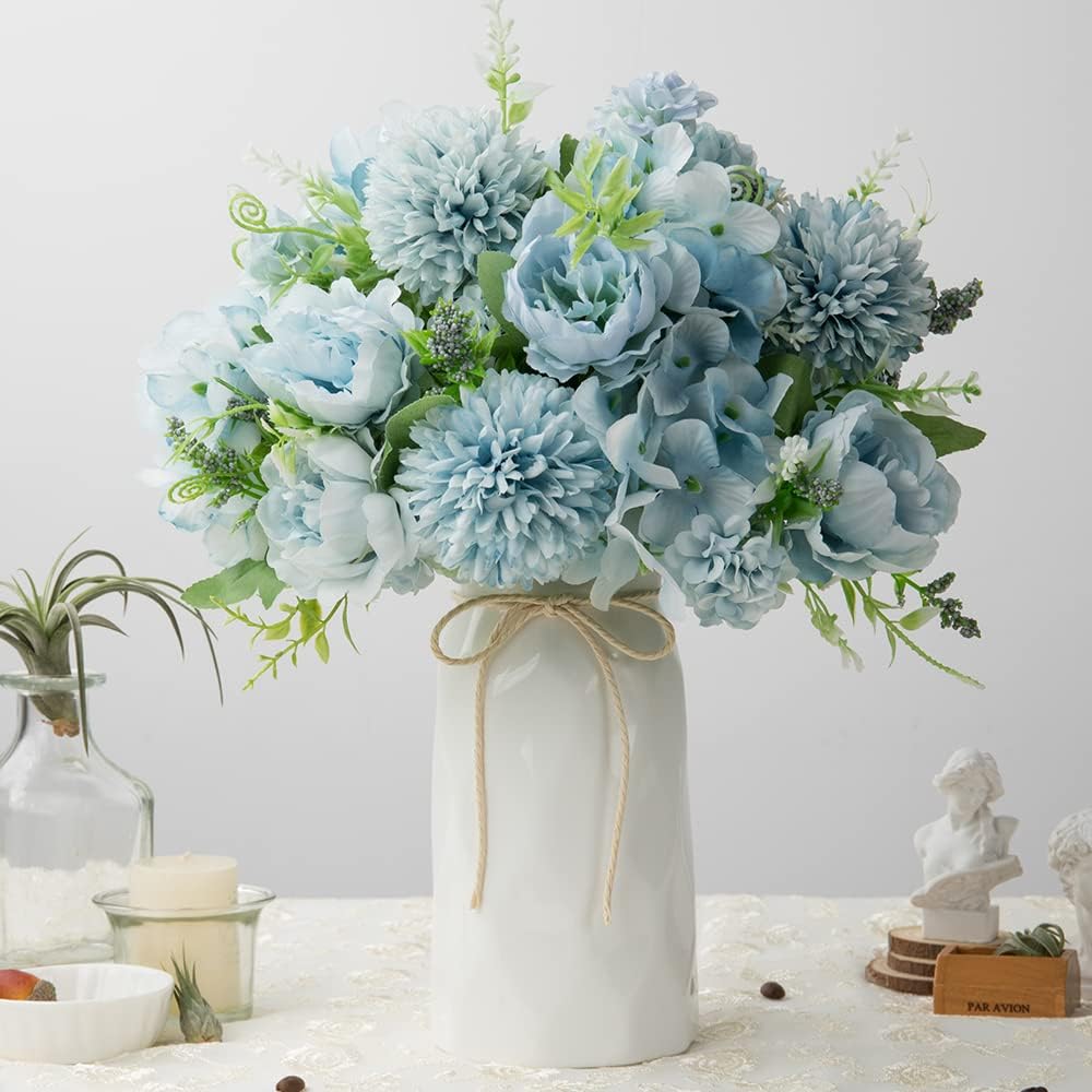 LESING Artificial Peony with Vase Silk Flowers Bouquets Fake Hydrangea Bulks for Home Table Centerpieces Wedding Decoration(Blue-1)
