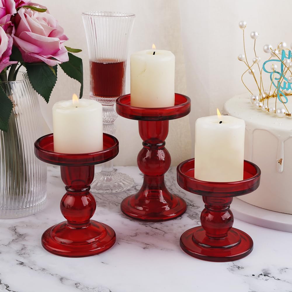 6-Piece Set of Red Glass Candlestick, Crystal Candlestick Holder Holder and Conical Candle, Christmas Candle Holder Decoration, Family Living Room Wedding Candle Holder (red2sets)