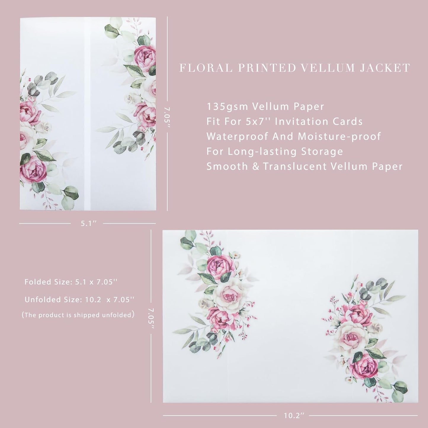 PONATIA 50 PCS Vellum Jackets for 5x7 Invitation Cards - Dusty Rose Flowers Vellum Sleeves, Transparent Gift Card Jackets