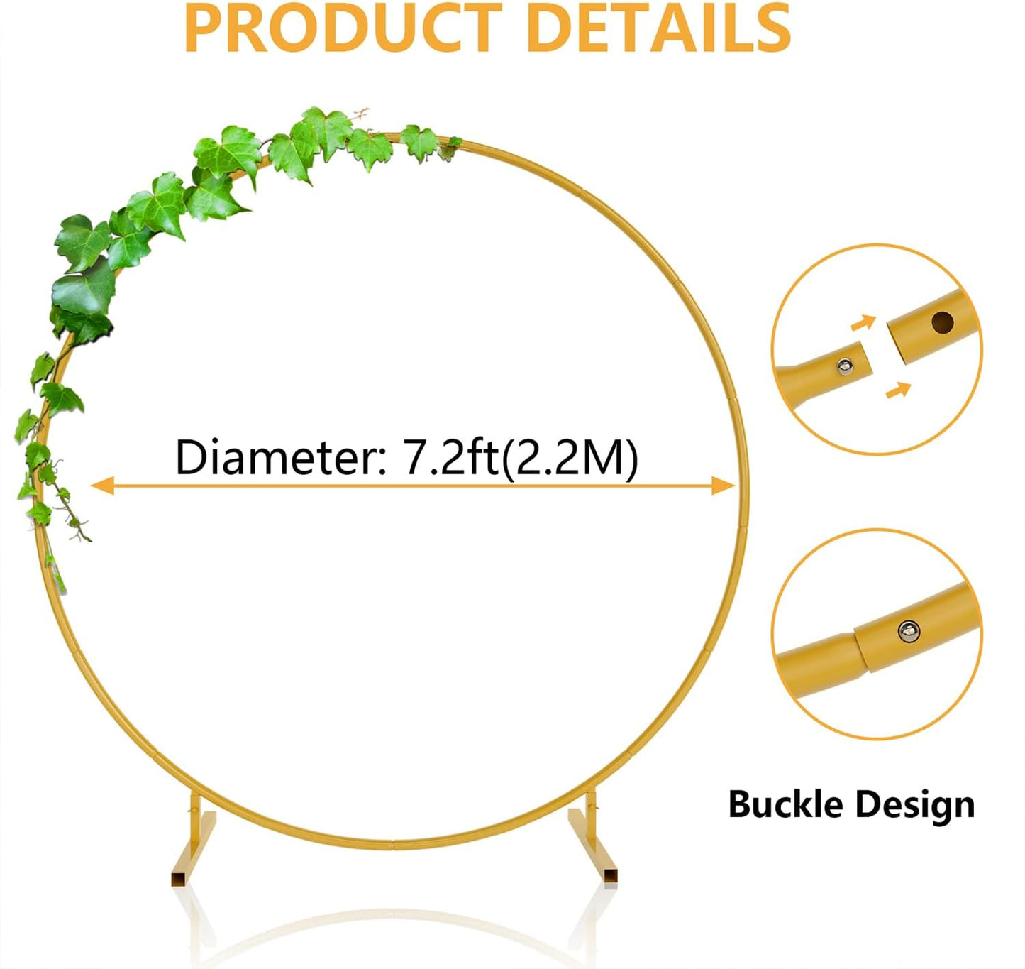 7.2ft Round Backdrop Stand, Stable Balloon Arch Stand, Metal Wedding Arch Backdrop Stand Circle Backdrop Stand Frame for Wedding, Birthday Party, Baby Shower Decoration (Gold)