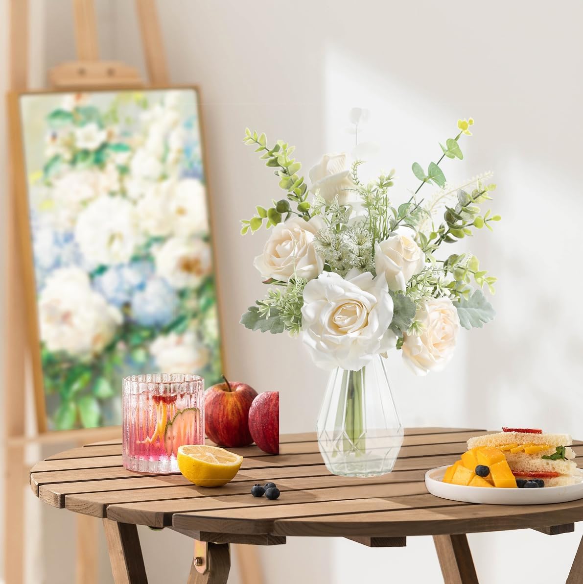 Artificial Flowers with Vase,White Silk Roses and Fake Plant Eucalyptus in Vase,Faux Flower Arrangement with Vase Suitable for Home Office Decoration, Living Room and Dining Table Centerpiece