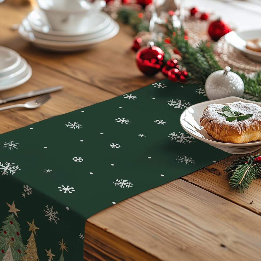 GEEORY Christmas Table Runner 13x36 Inch, Xmas Trees Snowflakes Holiday Decorative Farmhouse Table Decoration for Kitchen Dinning, Indoor Outdoor Dinner Party Decor (Green) GT152-36