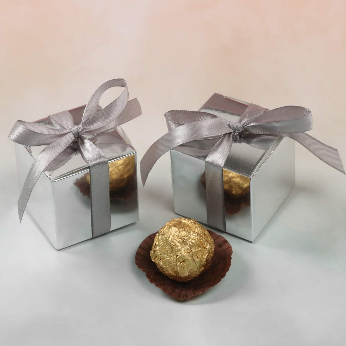 COTOPHER 60pcs Small Gift Boxes, Favor Boxes 2x2x2 inches Paper Gift Boxes with Ribbons Candy Box for Wedding Favors Baby Shower Bridal Shower Birthday Party (60 Metallic Silver)