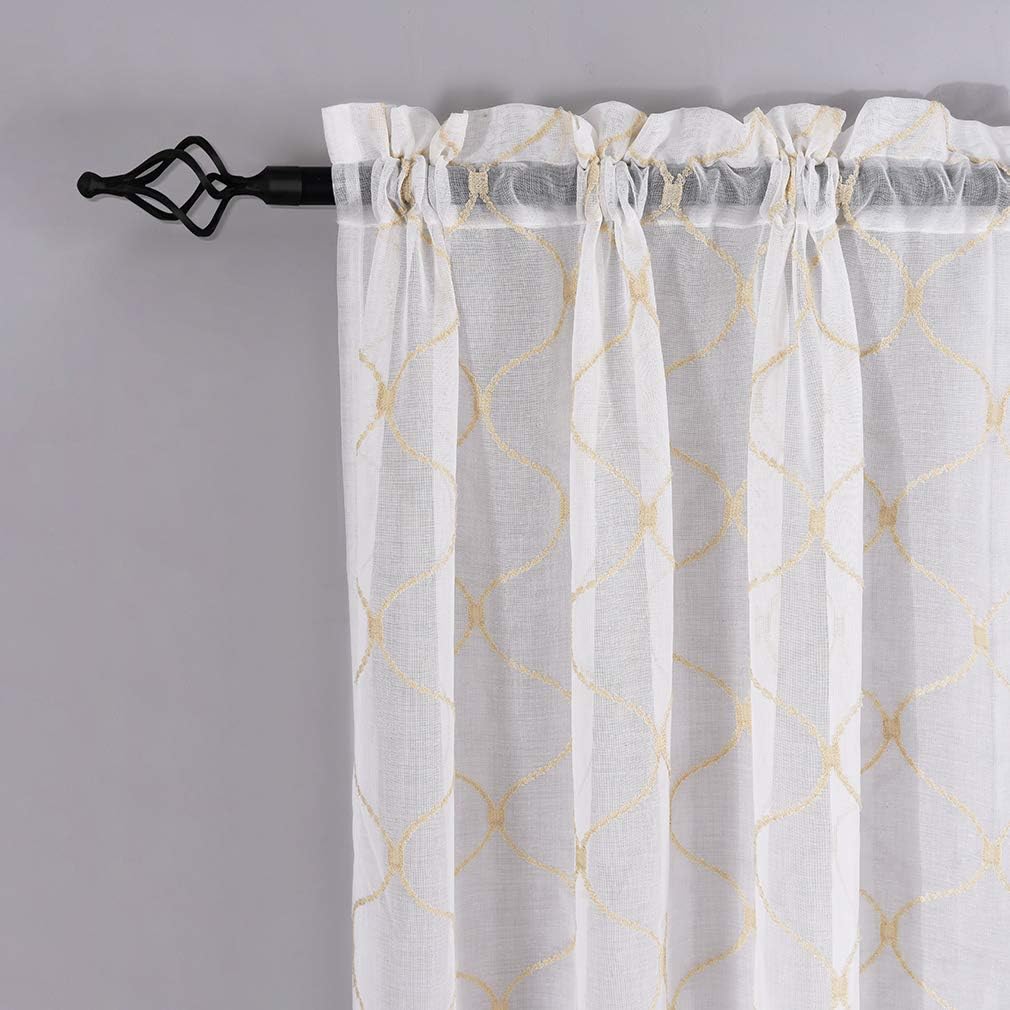 Embroidered Wave Diamond Sheer Curtains Gold 63 Inch Length, Rod Pocket Voile Drapes for Living room, Bedroom, Window Treatments Semi Curtain Panels for Yard, Patio, Villa, Parlor, Set of 2, 52"x 63".