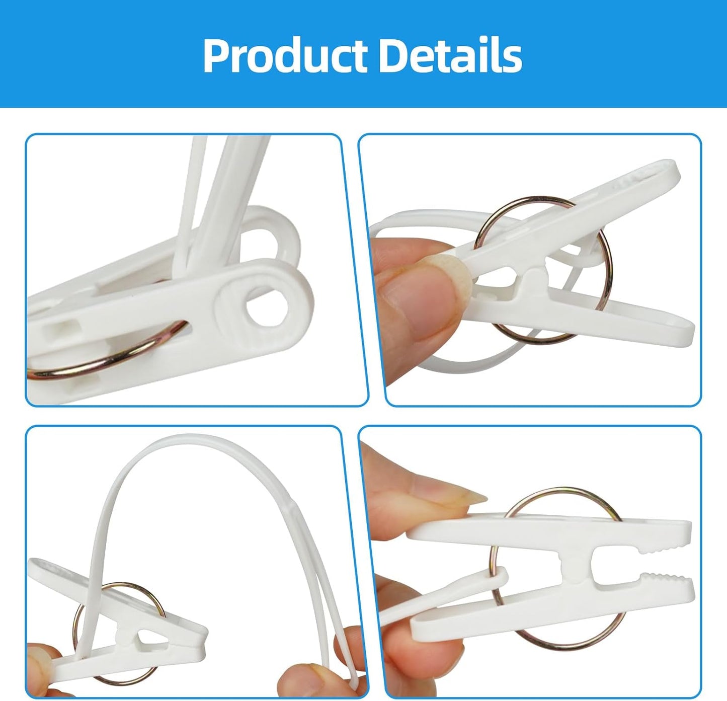 60 Pack Clothes Pins with Plastic Rope,Multi-Purpose Clips for Hanging,Windproof Plastic Clothespins for Hanging Baby Clothes,Socks,Hats, Pants, Bras, Underwears,Towels,Photos,White