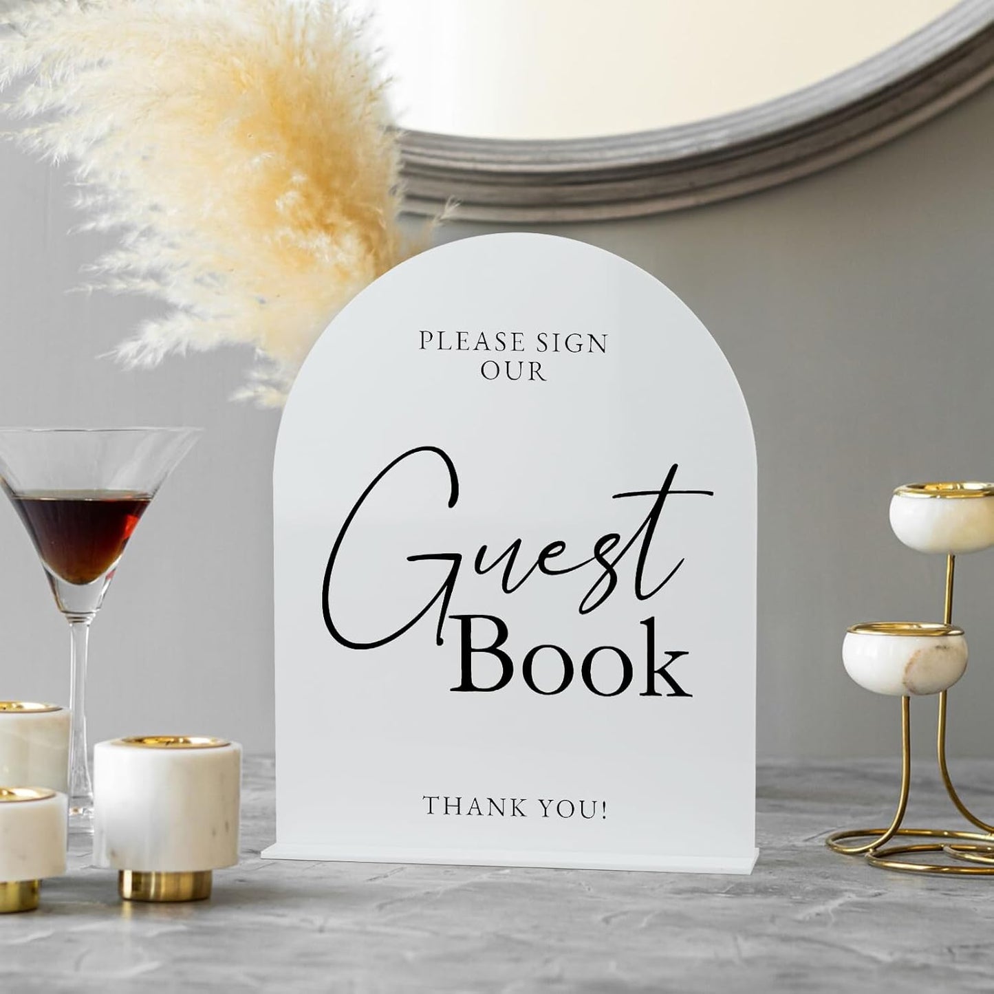 White Arch Acrylic Wedding Sign- 8"x10" Guest Book Sign and Base,1/8" Thick | Modern Calligraphy Arched Acrylic Table Sign for Wedding & Event Party