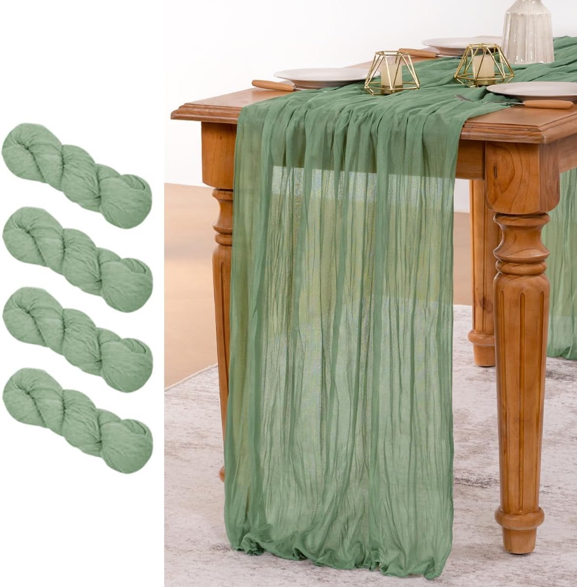 MLMW 4 Pack Sage Green Table Runner Cheesecloth Boho Gauze Rustic Cheese Cloth Table Runner 160 inch Sheer 13.3ft for Wedding Party Baby Bridal Shower Birthday