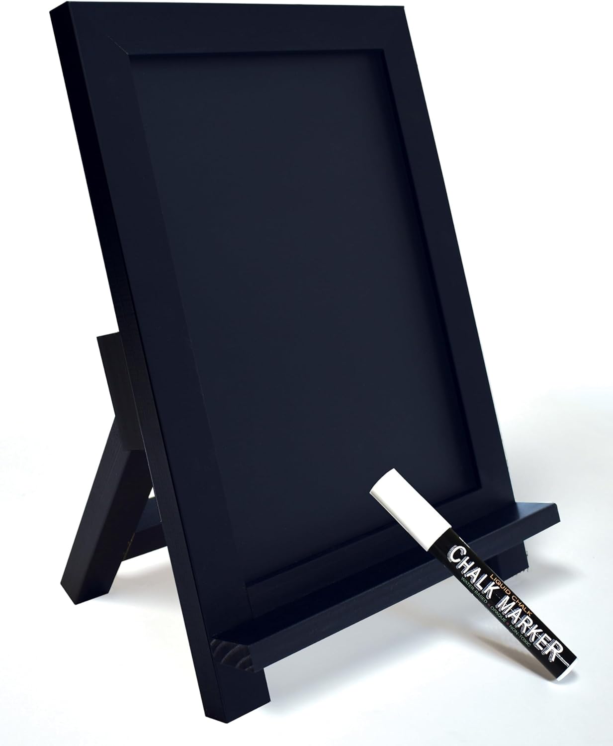 Framed Tabletop Chalkboard Sign, 9.5" x 14", Rustic Wood Frame, Small Magnetic Chalkboard with Built-in Ledge, Folding Stand, & One White Chalk Marker, by Better Office Products (Solid Black)