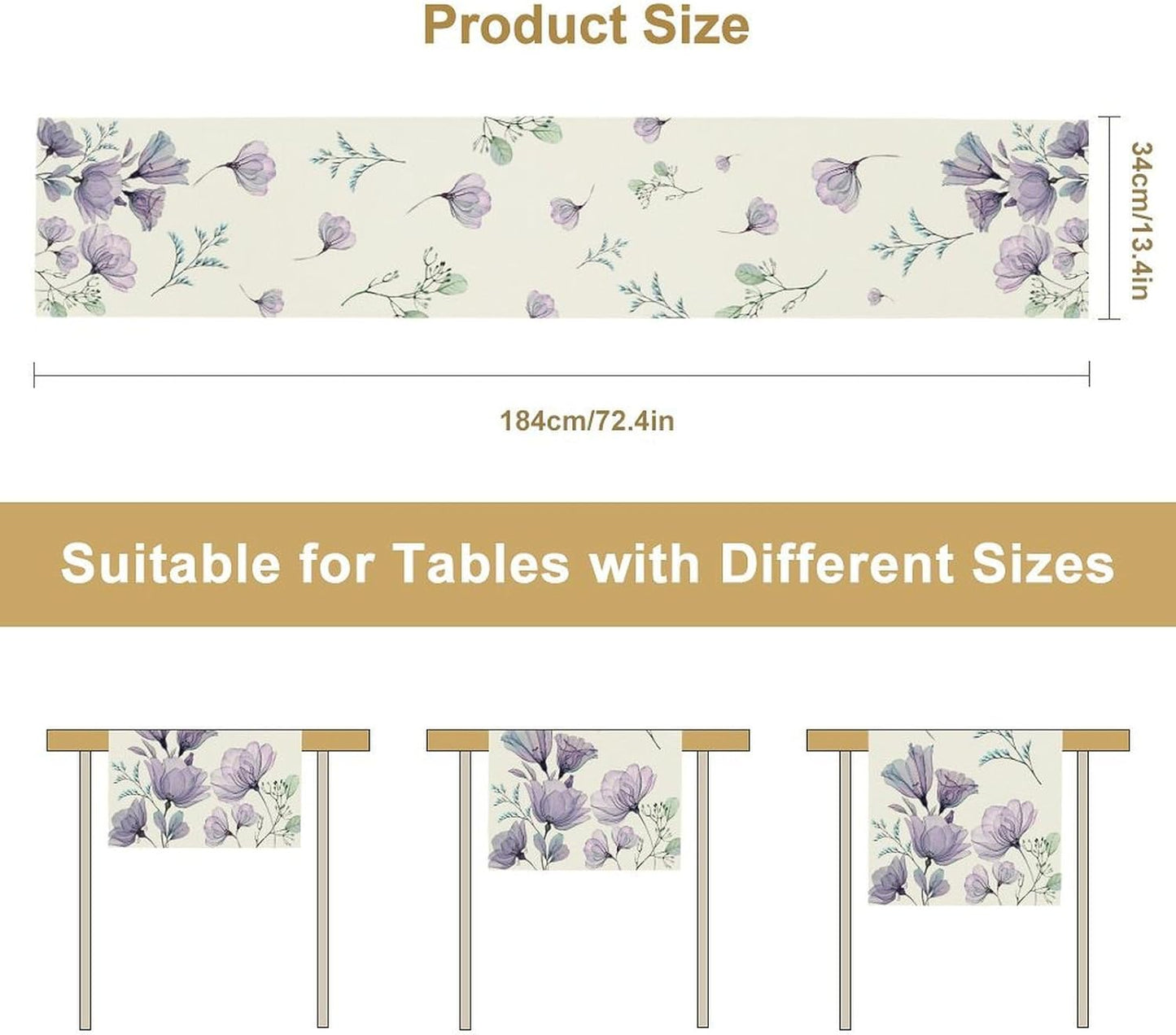 Poppy Flower Table Runner, Watercolor Purple Floral Leaves Seasonal Spring Summer Table Runner for Kitchen Dinning Table Runner Decor Home Wedding Party Holiday, 13x60 Inch