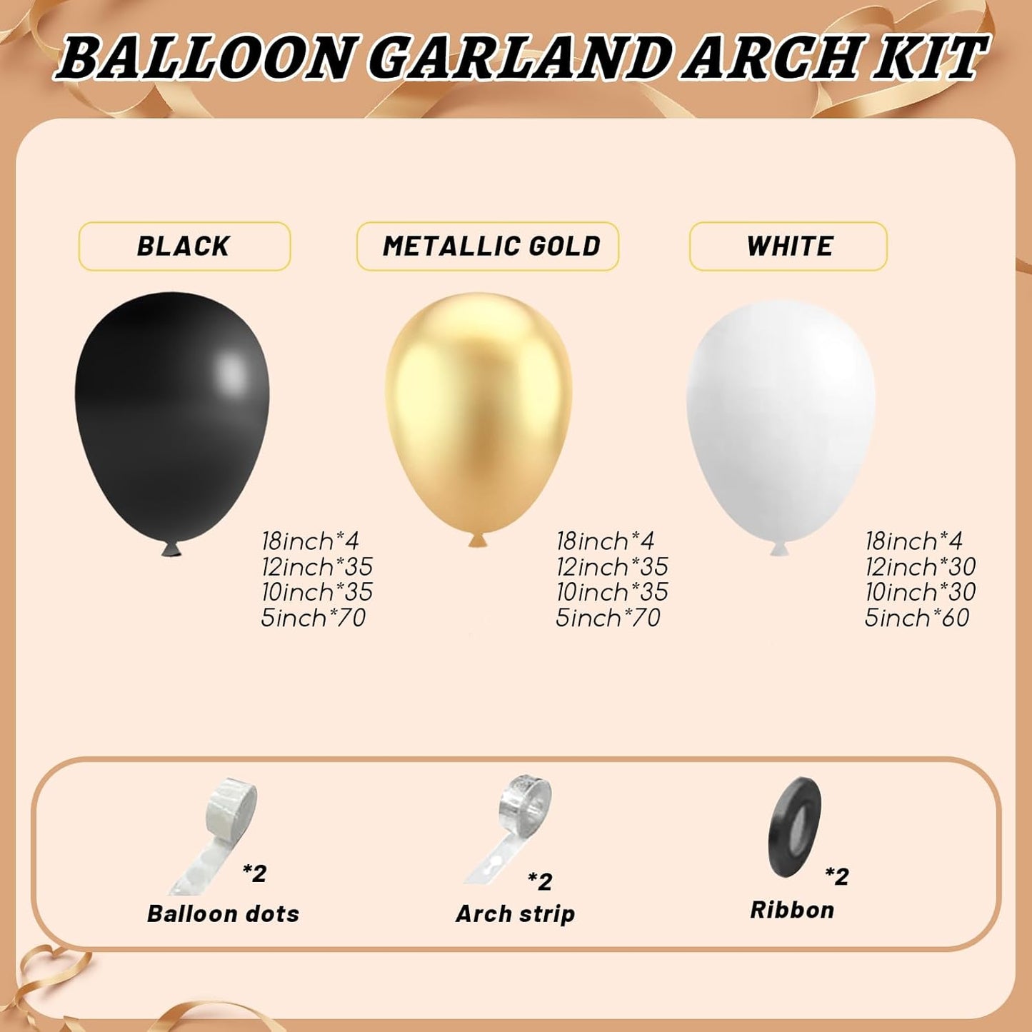 412Pcs Black and Gold Balloons,18 12 10 5 Inch Different Size Black White Metallic Gold Latex Balloons for Graduation Birthday Wedding Party Decorations