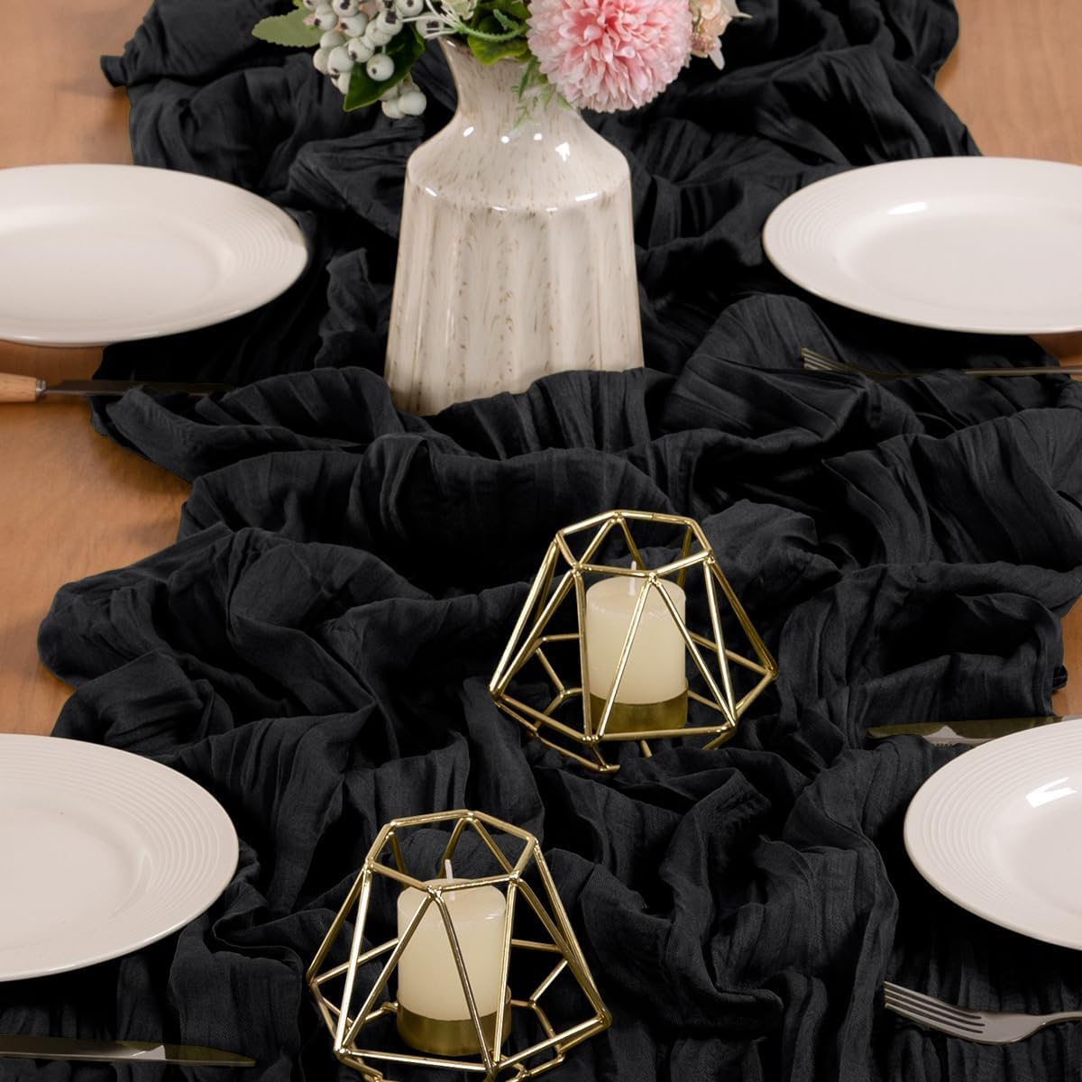 MLMW 10 Pack Halloween Table Runner Cheesecloth Black Boho Gauze Cheese Cloth 160 inch Rustic Sheer Table Runner 13.3ft for Party Wedding Baby Bridal Shower Birthday