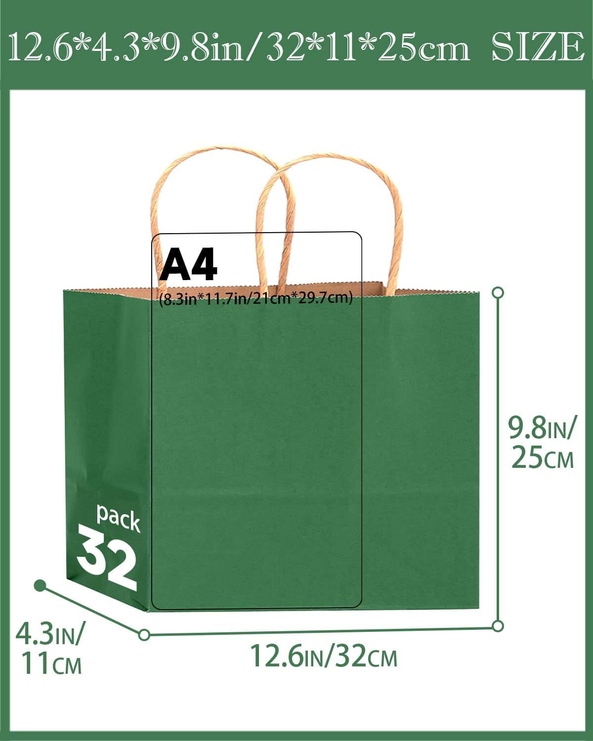 qiqee 100PCS Large Gift Bag with Handles Bulk 13"x4.5"x10" Gift Bags Kraft Deep Green Multiple Uses (32x11x25cm,Wide Large)