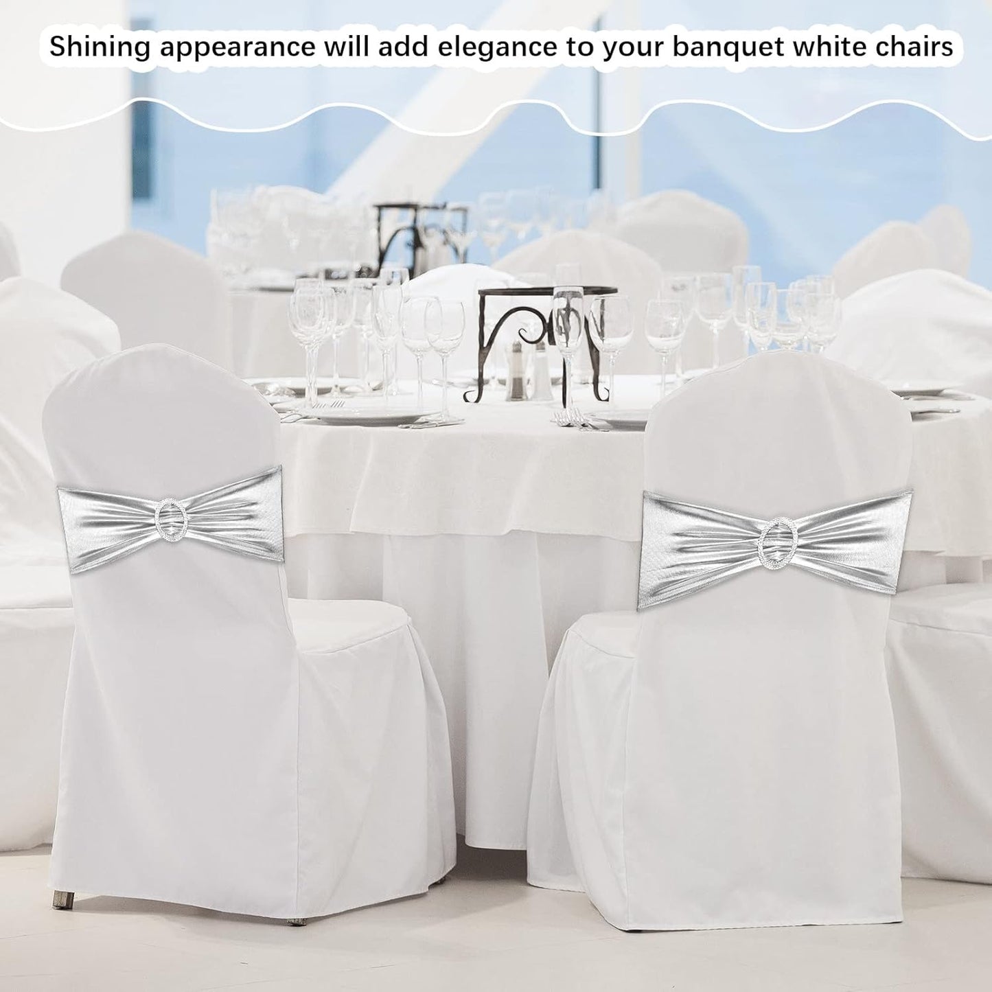 CHENGU 150 Pieces Spandex Stretch Chair Sashes Bows Elastic Chair Cover Bands Ties with Buckle Slider for Wedding Party Reception Events Universal Ceremony Banquet Decorations (Silver)