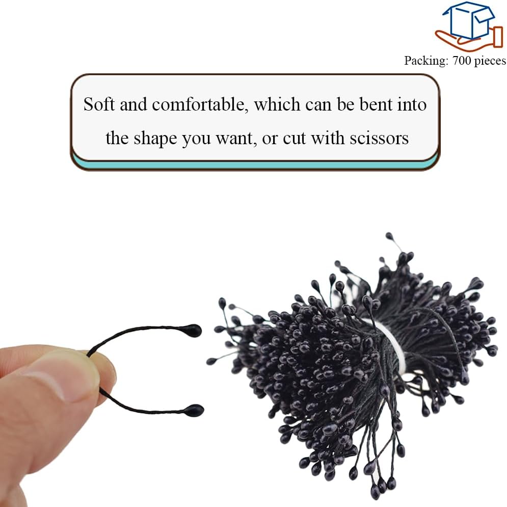 HAHIYO 700Pcs 3mm Fully Black Pearl Double Head Flower Pistil Handmade Artificial Pistil para Flore Pearlized Floral Stamen Pollen for Flower Making Scrapbook Decoration