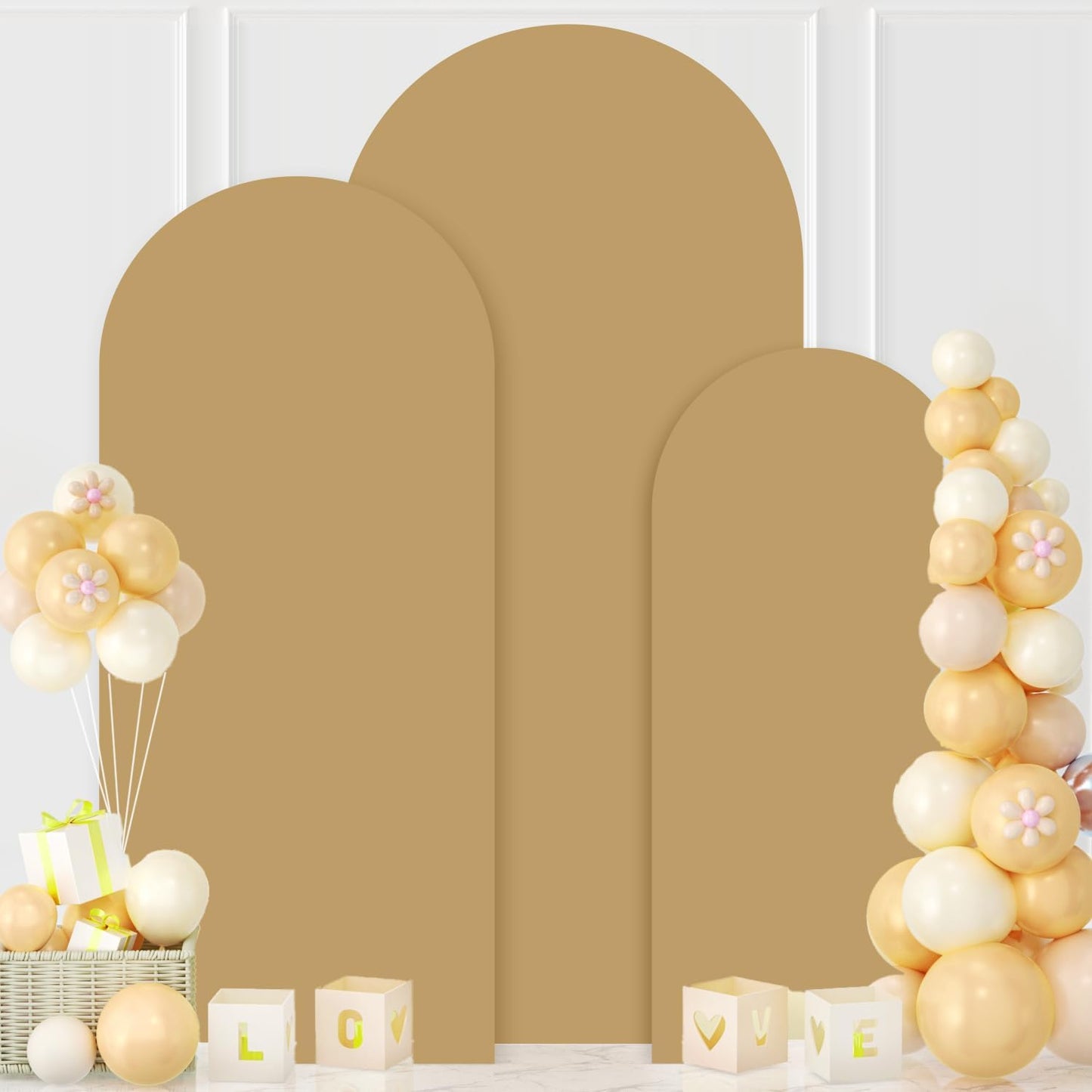 MODFUNS Metal Arch Backdrop Stand and Cover Set 4&5&6ft Khaki Arch Cover Gold Wedding Arched Frame Brown Backdrop Covers Arched Stand with Covers for Wedding Ceremony Birthday Party Decor