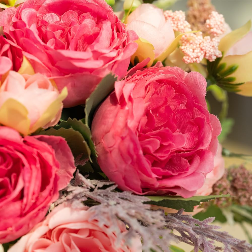 Artificial Peonies Silk Flowers Bouquet in Glass Vase Faux Flowers Bouquets Modern Penoy Arrangement for Home Decoration Table Centerpiece (Bouquet-Rose Red)