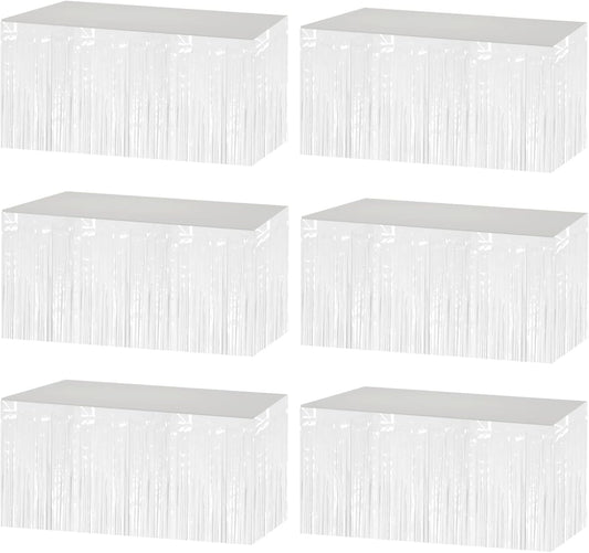 6 Pack 29x108 Inch Metallic Foil Fringe Tinsel Table Skirts Banner for Rectangle Tables Streamer Garland Curtains Backdrop for Wedding, Birthday, Parade Floats Party Decoration(White)