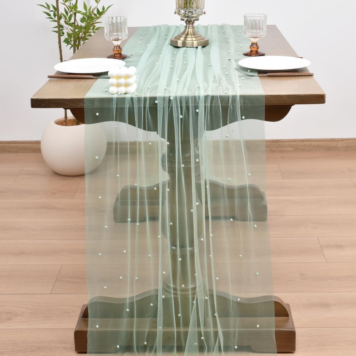 Joanlody Fall Pearl Table Runner 10ft Rustic Boho Tulle Table Runner with Pearls for Baby Shower Wedding Party Veil Dessert Thanksgiving Table Decor Sage Green 4pcs