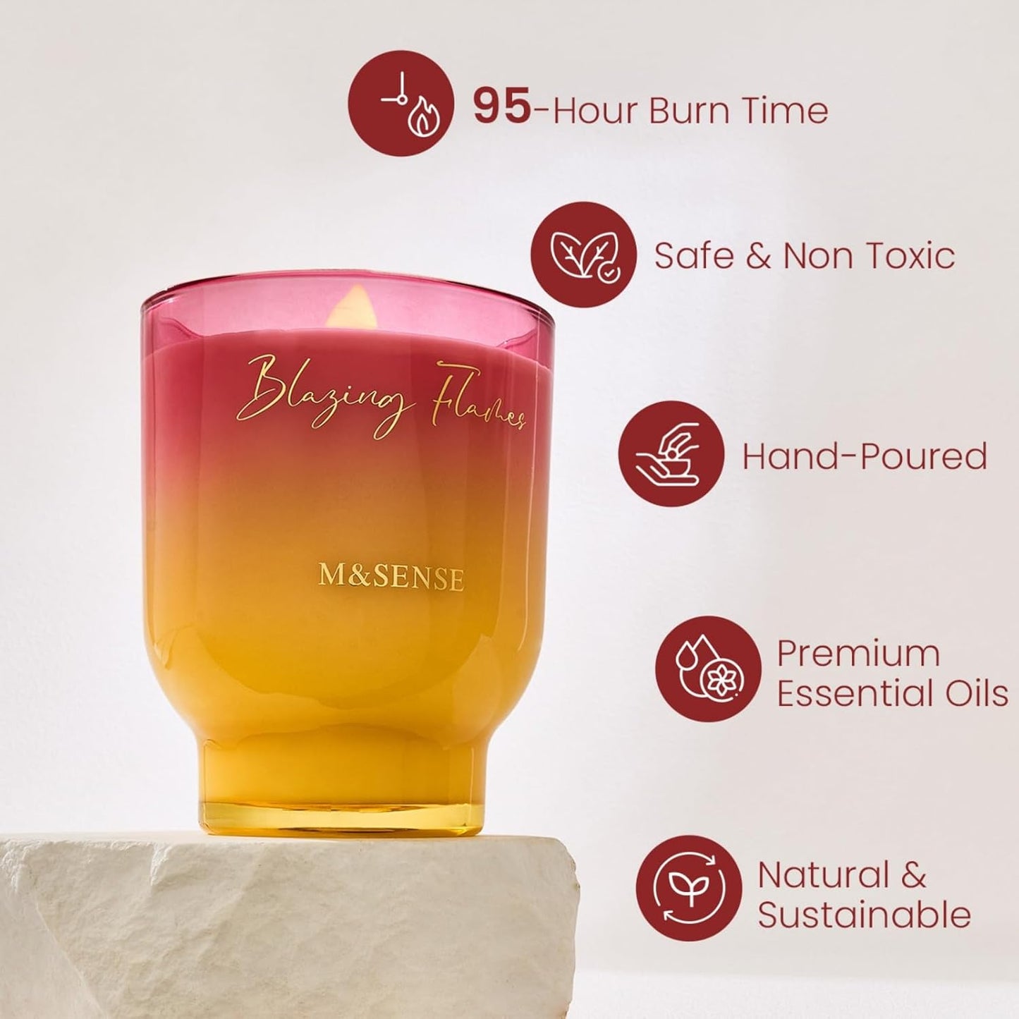 M&SENSE 16.6oz Natural Soy Large Jar Candle with Wooden Wick | Blazing Flames Scent | 95-Hour Burn & Long-Lasting Burn | Housewarming Gift for Men and Women