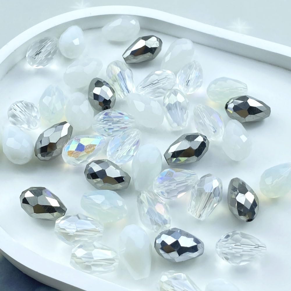 200pcs 3x5mm Teardrop Crystal Glass Beads Vertical Hole Faceted Loose Spacer Beads for DIY Craft Jewelry Making Necklace Bracelet Earring Wind Chimes(White Series)