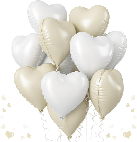 Cream Heart Foil Balloon, 18 Inch Sand White Heart Shape Foil Balloon, Beige Heart Balloons with Grey White Helium Balloons for Valentines Day Boho Birthday Bridal Shower Wedding Baby Shower