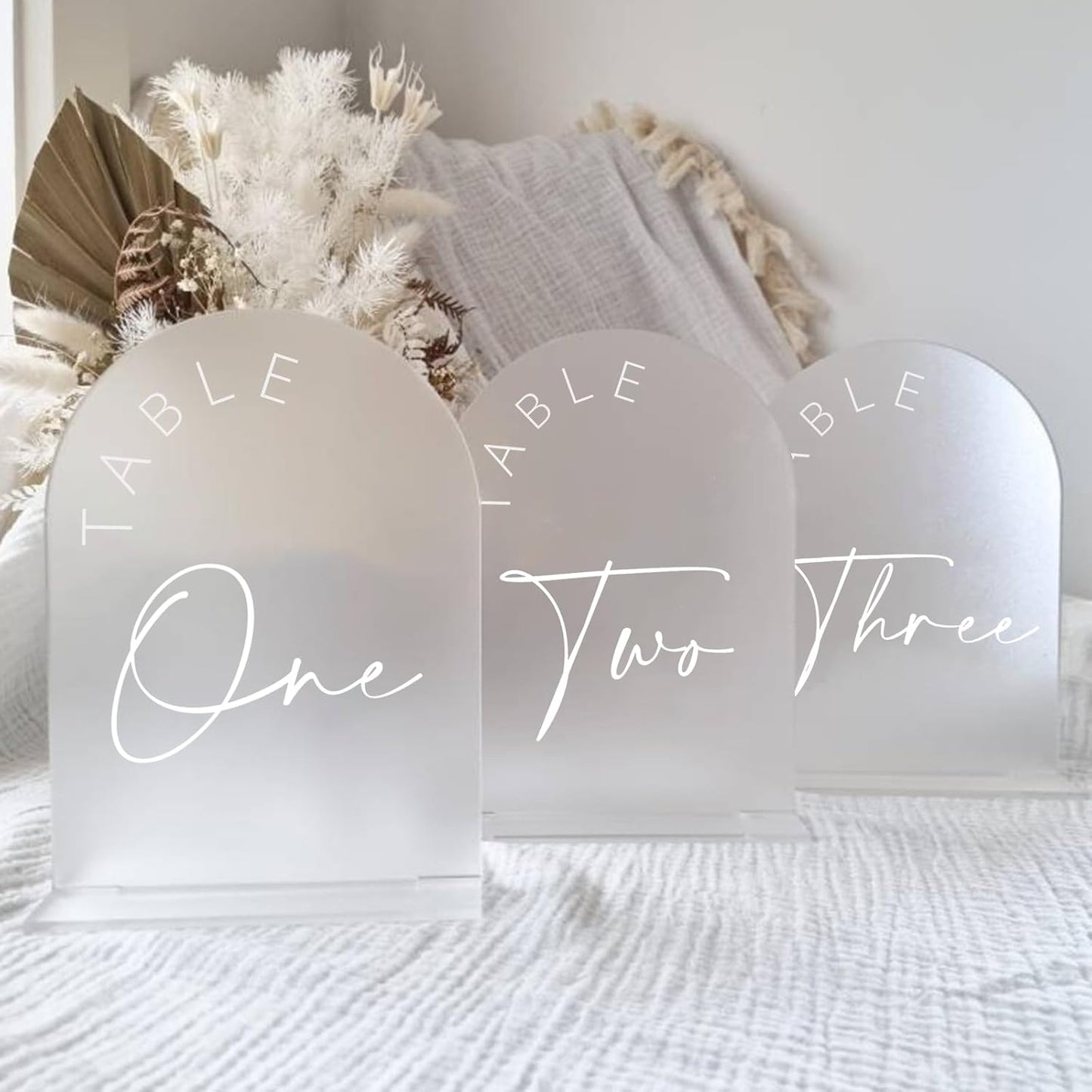 JINMURY Frosted Arch Wedding Table Numbers 1-20 with Stands, 5x7 Inch Frosted Arch Acrylic Sign with White Letters, Arched Acrylic Table Numbers for Wedding Reception