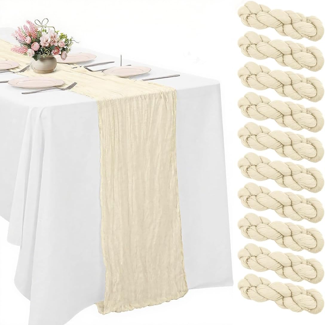 10 Pack Beige Cheesecloth Table Runner -21*120Inch Long Boho Wedding Table Decor, Rustic Gauze Fabric Runner for Bridal Showers, Baby Showers & Parties (Sheer, Lightweight, Wrinkled Design)