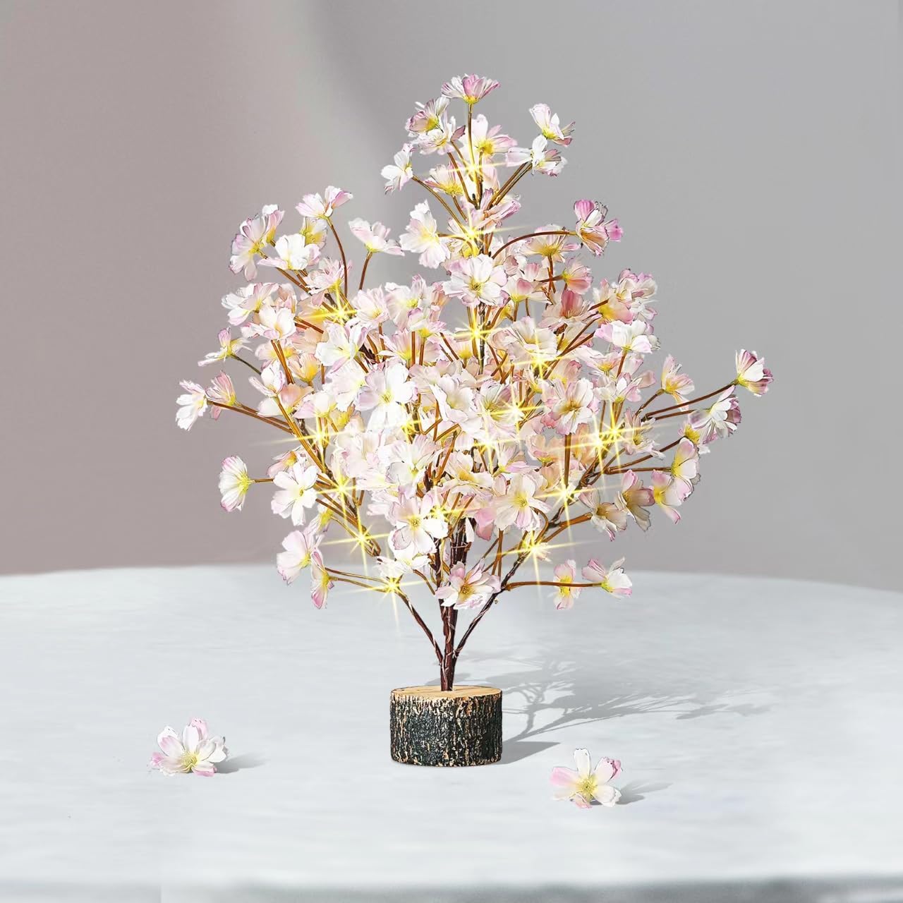 19Inch Cherry Blossom Tree Light, Lighted Artificial Tree with Pink Silk Flowers, 49 Fairy LEDs, Battery Operated Lamp with Timer for Summer Wedding Decorations