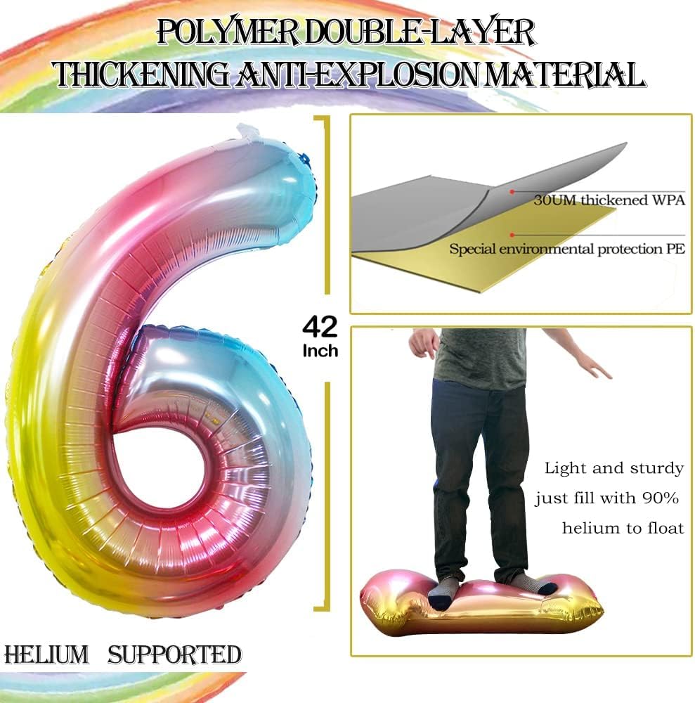 GOER Rainbow Foil Balloons Number 6,Huge Number Balloons for 6th Birthday Party Supplies Anniversary Decorations (3 pcs,42 inch,32 inch,16inch)