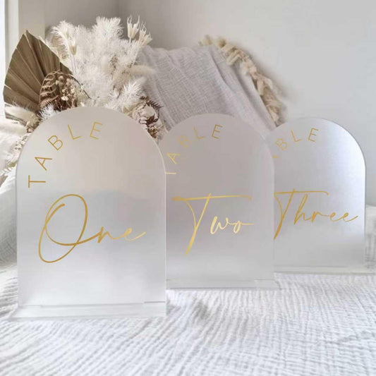 JINMURY Frosted Arch Wedding Table Numbers 1-15 with Stands, 5x7 Inch Acrylic Arch Sign with Golden Lettering, Frosted Acrylic Table Numbers for Wedding Reception