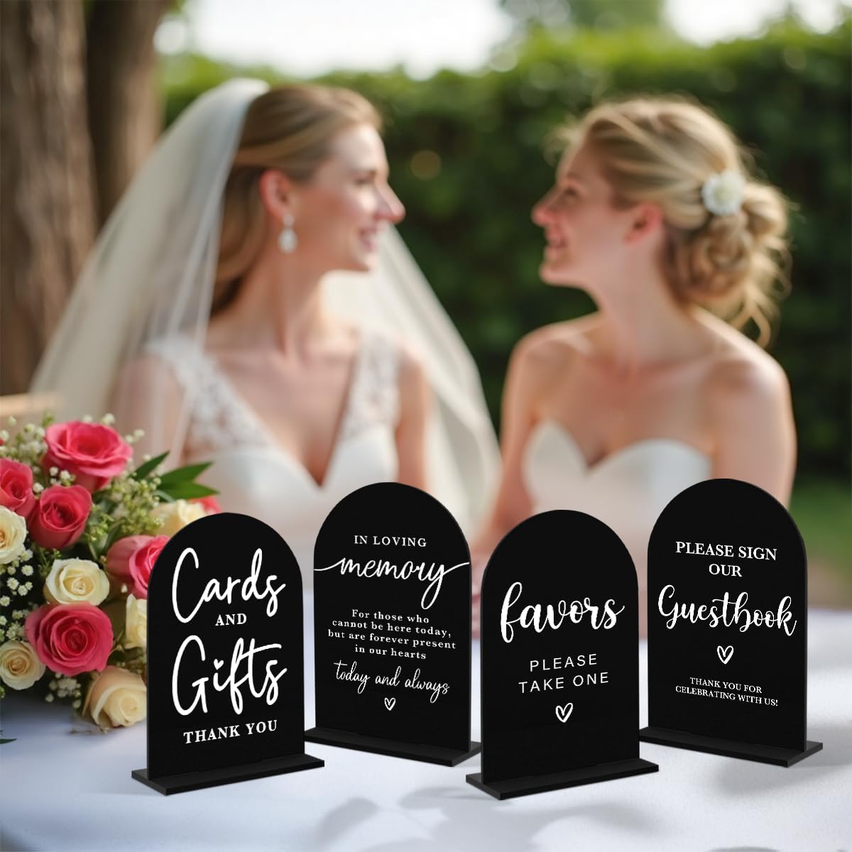 4 Pcs Acrylic Wedding Signs for Ceremony and Reception, Bridal Shower Decorations, Cards and Gifts Signs, Guest Book Sign, Arch Acrylic Table Top Sign with Holder for Wedding Reception (Black)