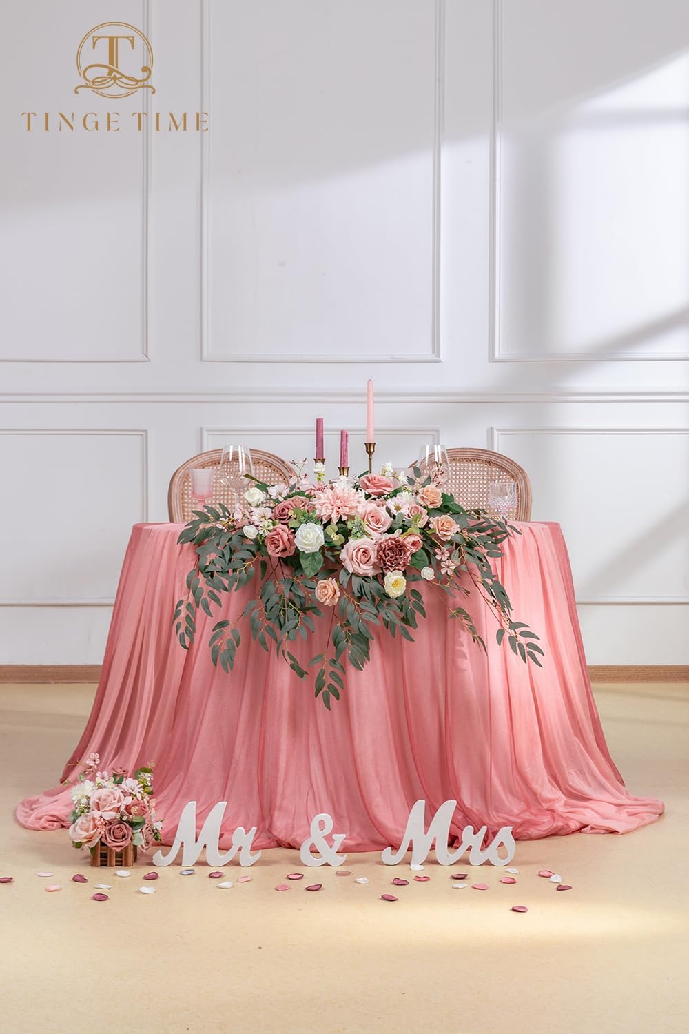 TINGE TIME Artificial Sweetheart Flower Swag with Tablecloth and Table Runner, Pack of 3 Floral Arrangement for Wedding Sweetheart Table Centerpiece Decoration Valentine's Day (DustyRose&Cream)