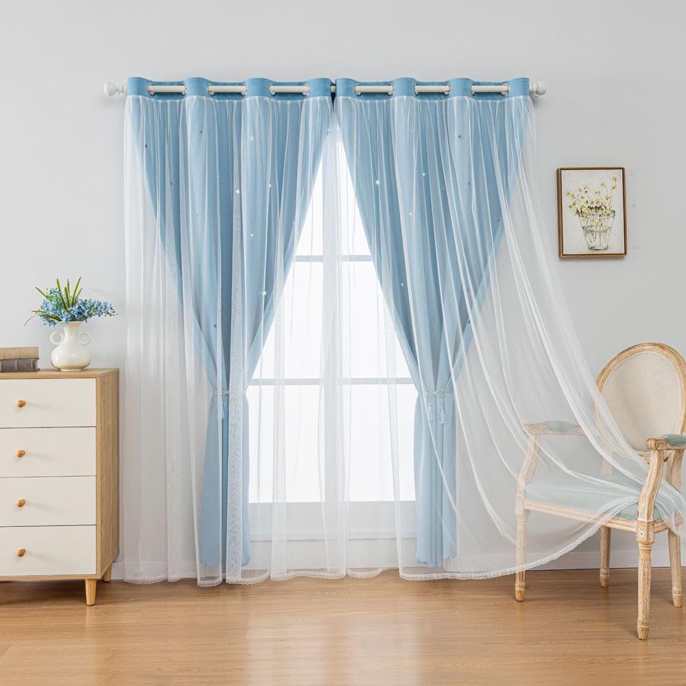 FANLI 2 Panels Star Blackout Curtains for Kid Girls Bedroom Living Room Darking Stripe Double Layer Star Cut Out Wall Home Decor Gradient Grommet Window Curtains (Blue 95L)