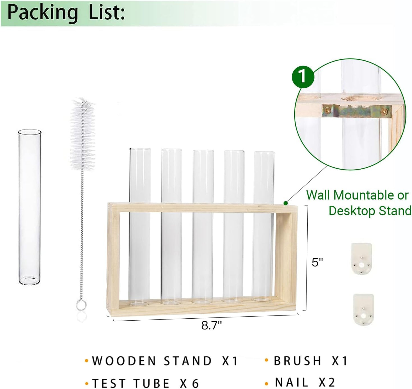 Ivolador Plant Propagation Station Terrariumin Wall Test Tube Vases Bud Tabletop Glass Wooden Stand with 5 Propagation Tubes for Propagating Hydroponic Plants Home Garden Wedding Decoration-Beige