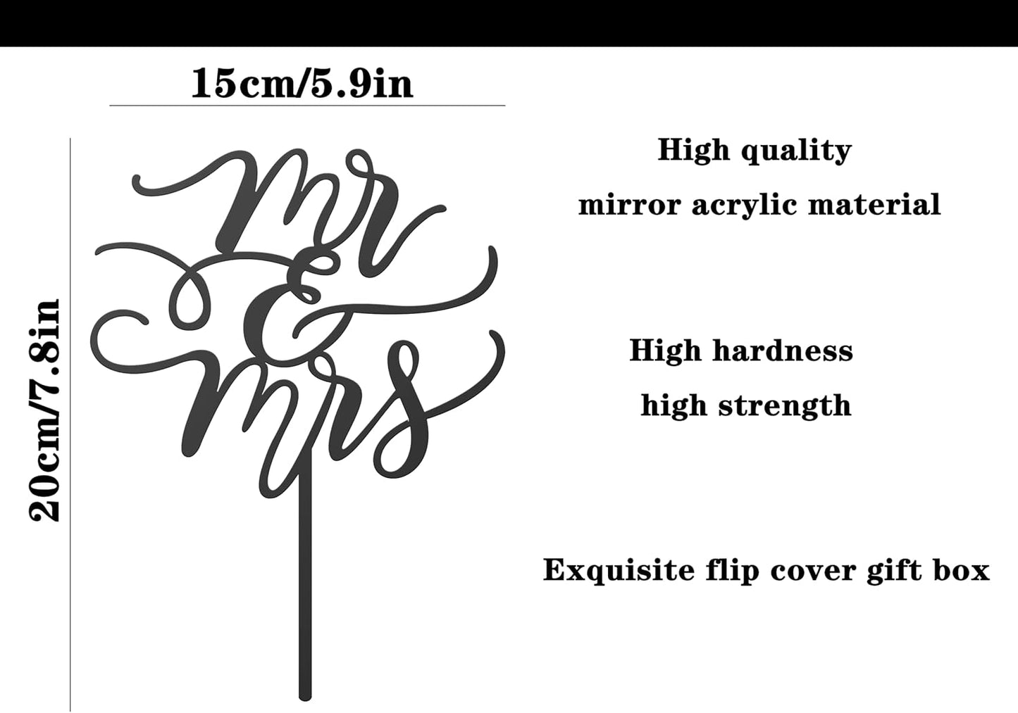 Mr and Mrs Cake Topper - Glitter Black Acrylic Wedding Cake Decorations, Bride and Groom Cake Pick (Black)