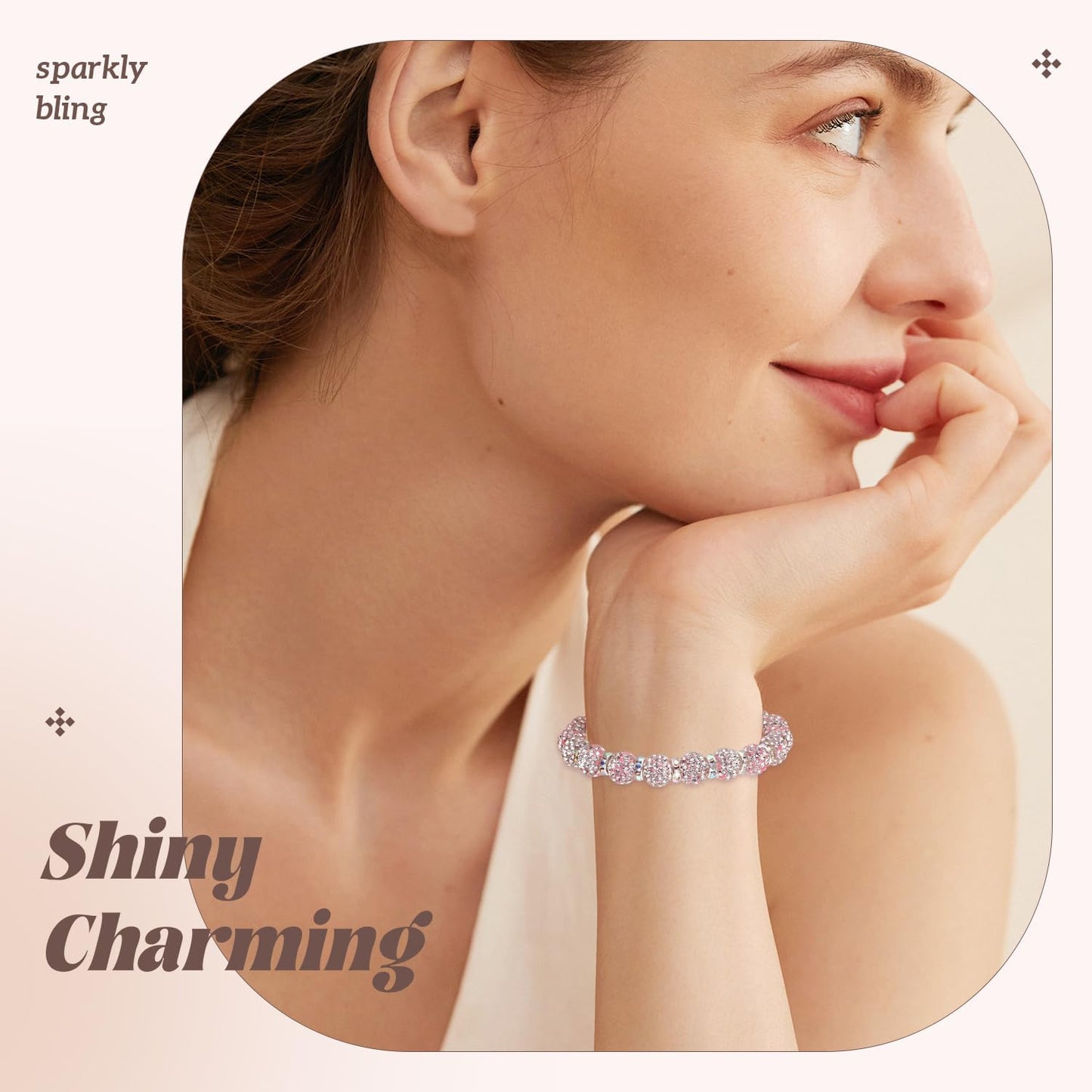 200pcs 10mm Rhinestone Beads for Jewelry Making, Pink White Shiny Round Disco Ball Beads Bulk, Sparkle Crystal Clay Christmas for Bracelet Baseball Necklace Earring Crafting and DIY