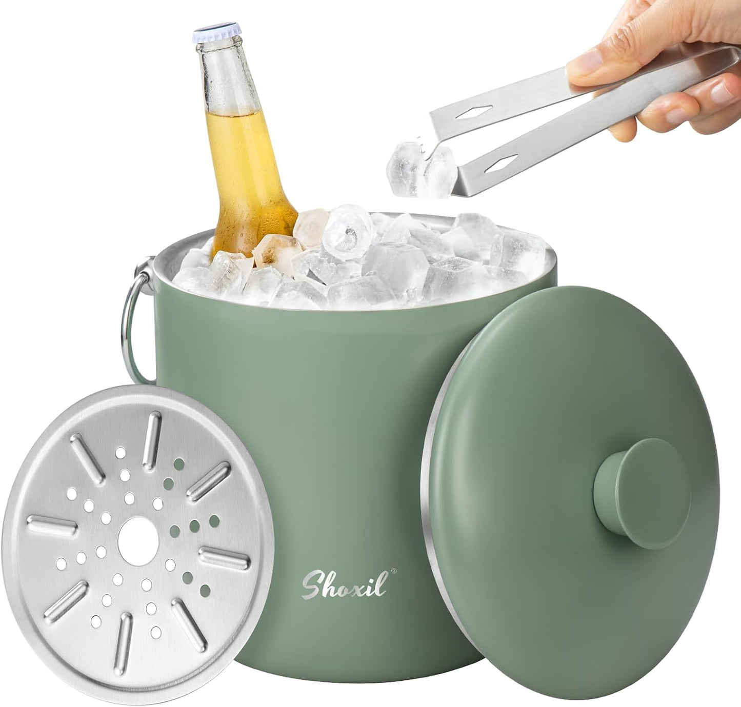Ice Bucket - 3L Large Ice Bucket for Parties & Cocktail Bar, Stainless Steel Ice Cooler with Lid & Tongs, Retro Style Ice Bucket for Freezer & Drinks