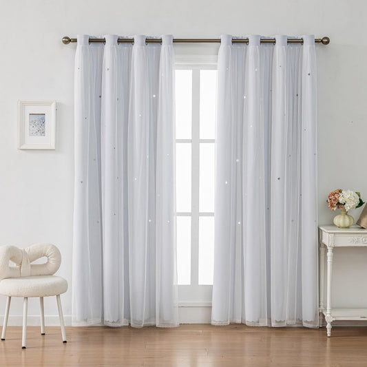 Ombre Rainbow Blackout Curtains for Kid Girls Bedroom Living Room Darking Stripe Double Layer Star Cut Out Wall Home Decor Gradient Grommet Window Curtains (Greywish White 84)