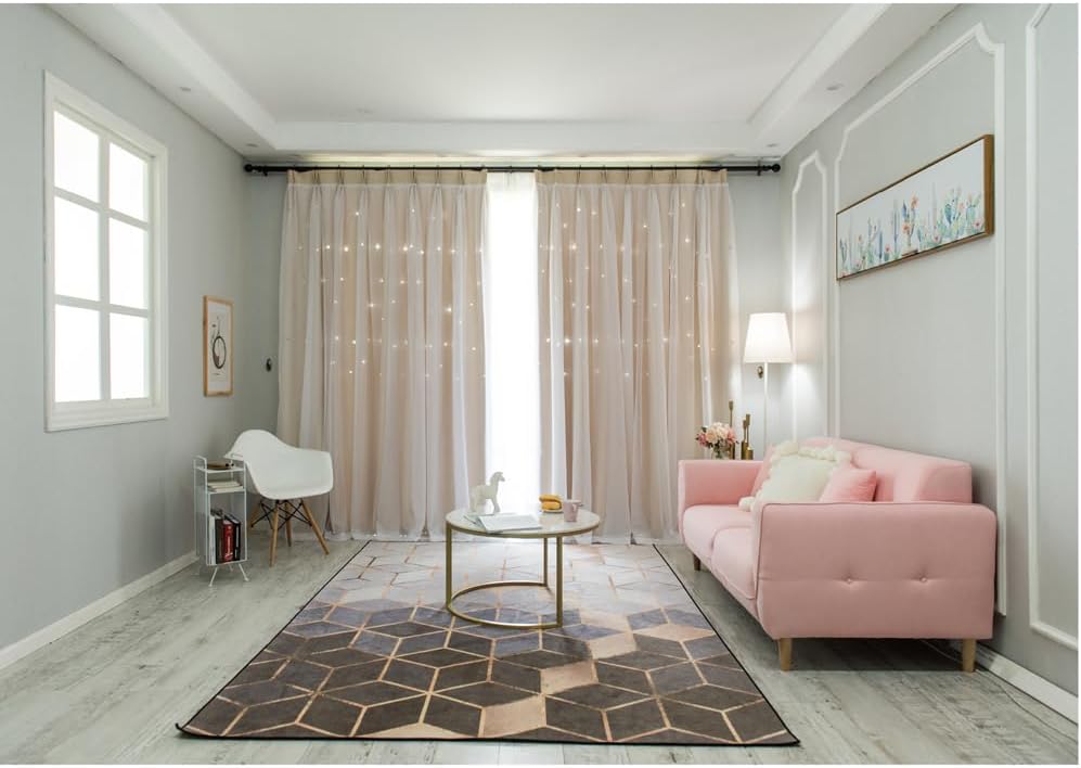 FANLI 2 Panels Star Blackout Curtains for Kid Girls Bedroom Living Room Darking Stripe Double Layer Star Cut Out Wall Home Decor Gradient Grommet Window Curtains (Beige 84L)