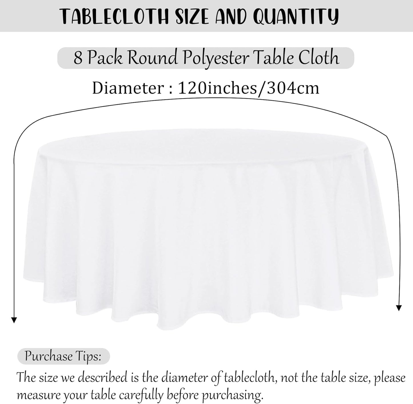 8 Pack Premium Round Tablecloth 120 Inch Round Table Covers Washable Polyester Fabric Round Table Clothes for Wedding Party Reception Banquet Buffet Restaurant (White, 120 Inch)