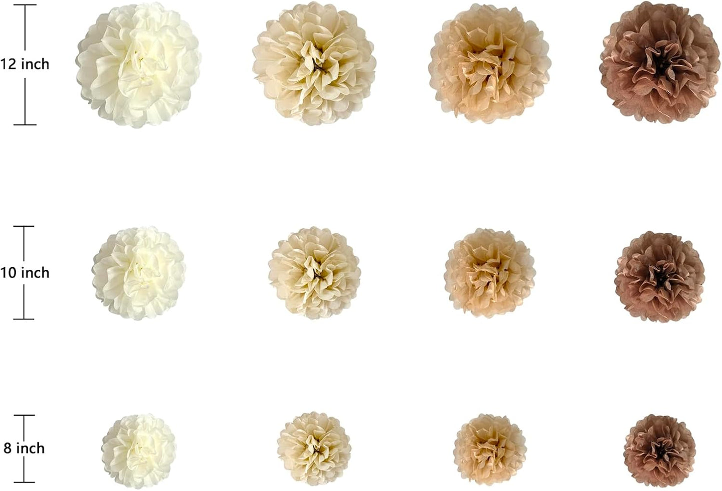 ZOOYOO Brown Paper Pom Poms, Caramel Party Decorations Boho Ivory Beige White Tissue Paper Pom Poms for Rustic Neutral Birthday Western Graduation Birthday Wedding Baby Shower 12PCS, Variety Pack