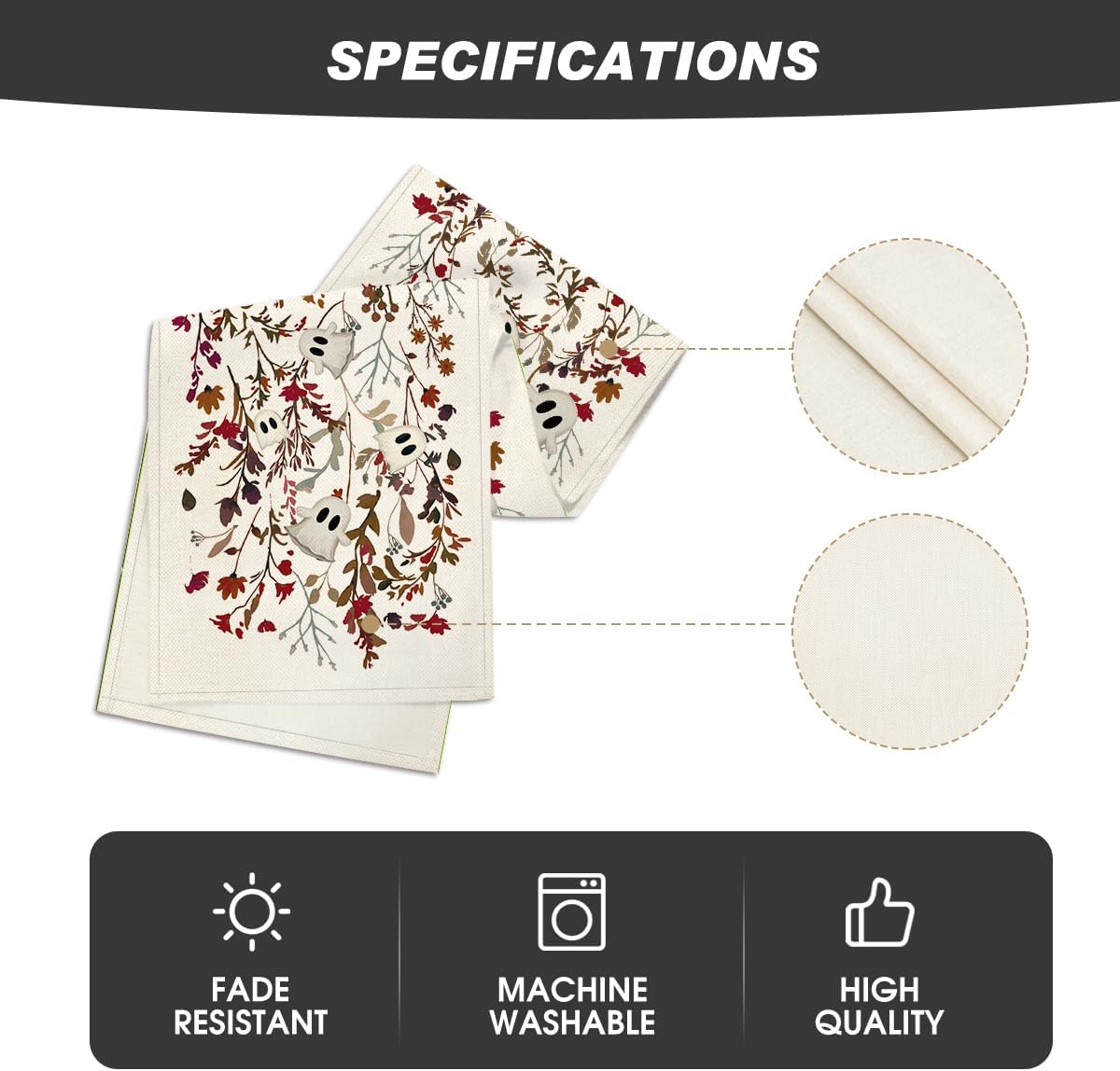 Artoid Mode Ghost Flowers Leaves 210 GSM Halloween Table Runner,Seasonal Fall Kitchen Dining Table Decoration for Home Party Decor 13x90 Inch