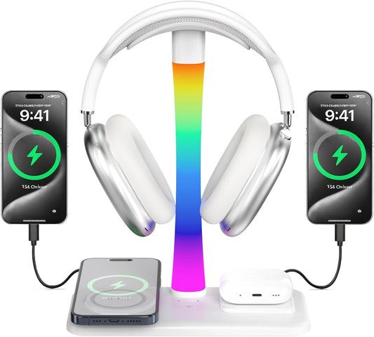 Headphone Stand with Wireless Charger,Gaming Headset Stand with RGB Light Mode,Airpod Max Stander Compatible with Airpod Pro/3/2,iPhone 16/15/14/13/12/11,Gifts for Gamers & Music Lover (White)