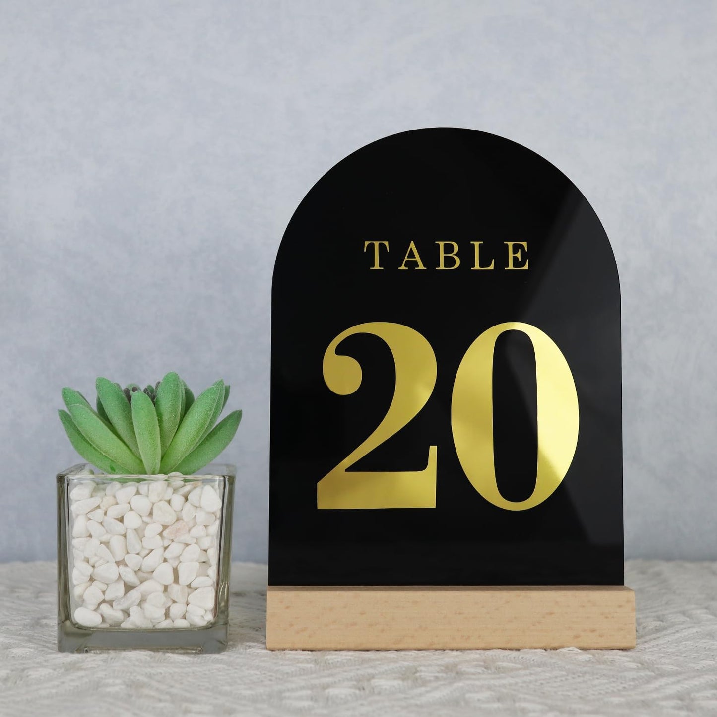 Wedding Table Numbers 1-20, Acrylic Arch Signs with Natural Wood Stands Holders, Rustic Table Decor for Reception & Parties (Black Gold)